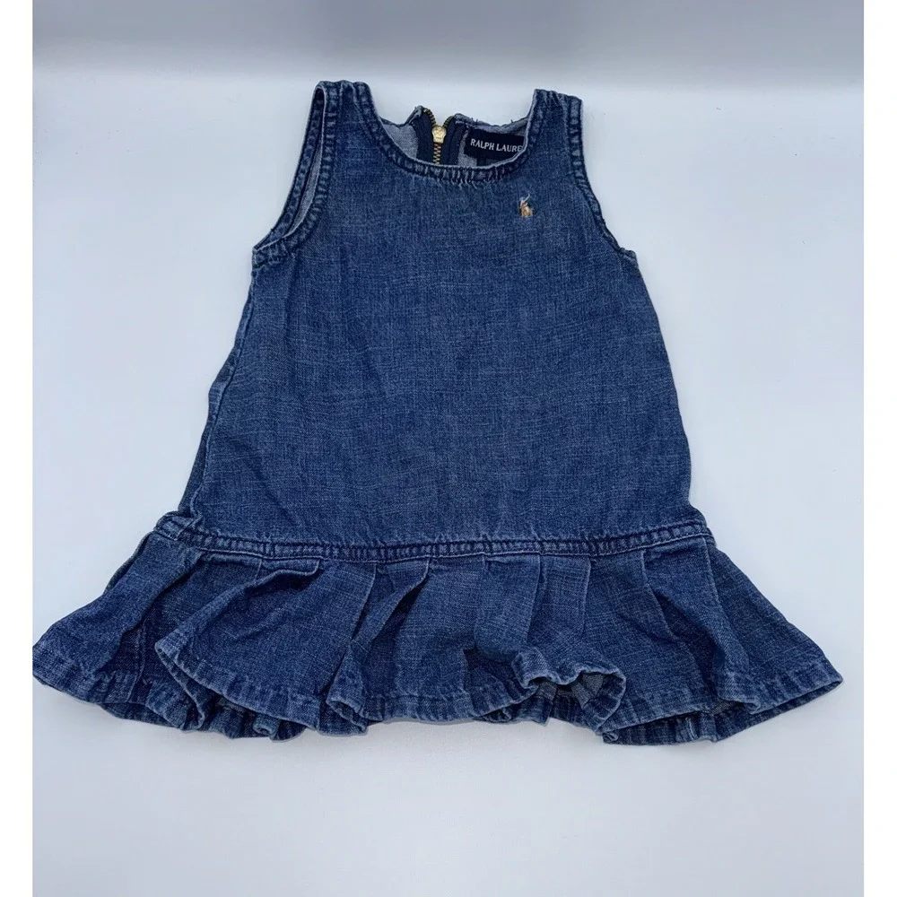 Vintage Ralph Lauren Denim Infant Dress Size 9m Classic Ruffled Hem Embroidered